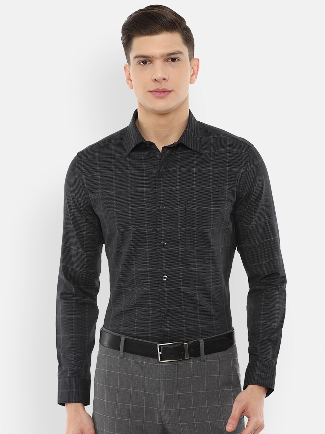 

Louis Philippe Men Black Slim Fit Windowpane Checks Checked Pure Cotton Formal Shirt