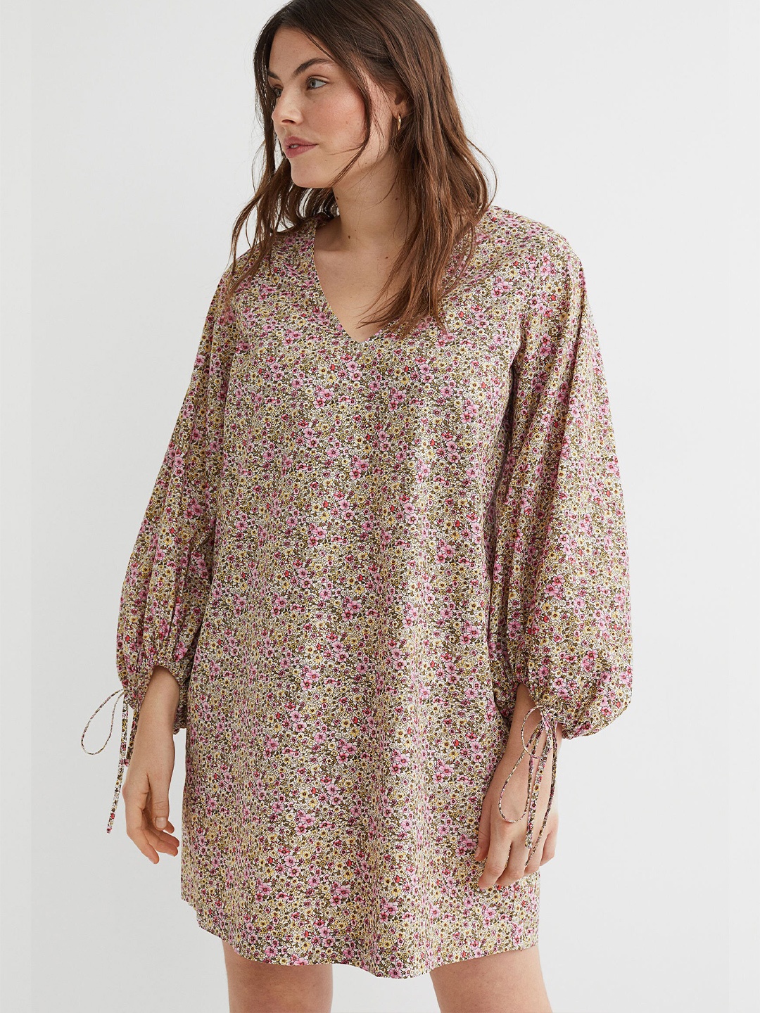 

H&M Women Pink & Yellow Printed Balloon Sleeved Dress