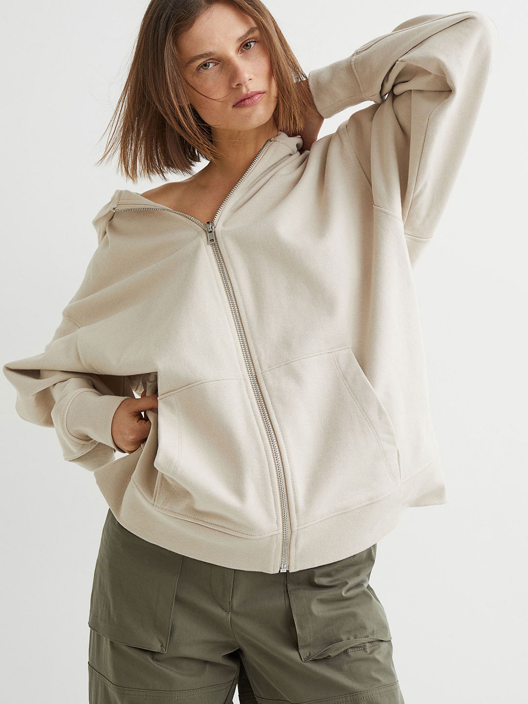 

H&M Women Beige Solid Long Pure Cotton Zip-Through Hoodie