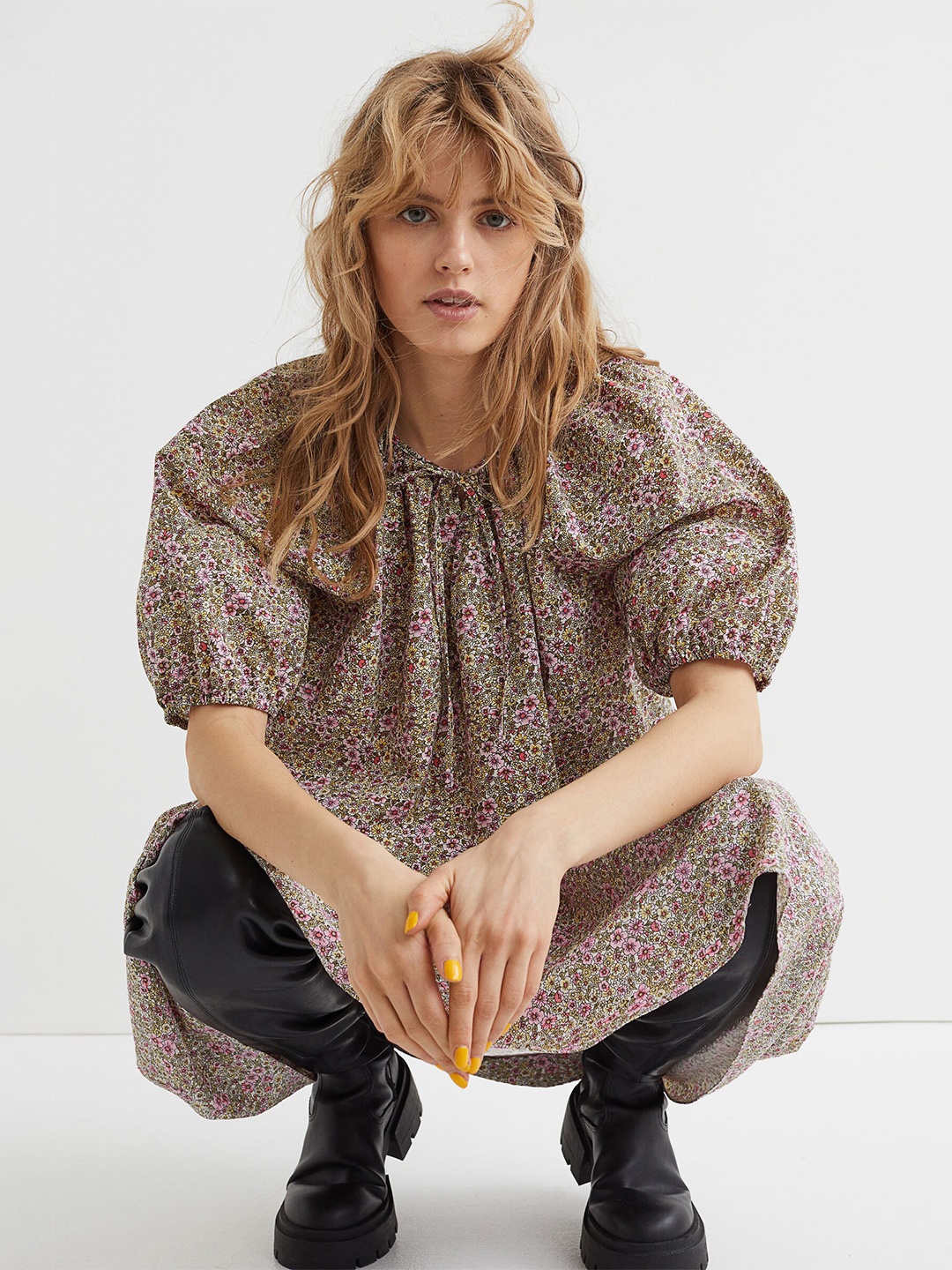 

H&M Women Pink & Yellow Printed Keyhole Neck MAMA Nursing Blouse