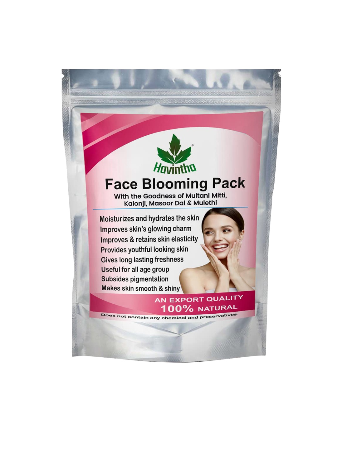 

Havintha Face Blooming Pack with Multani Mitti, Kalonji, Masoor Dal & Mulethi - 227 g, Pink