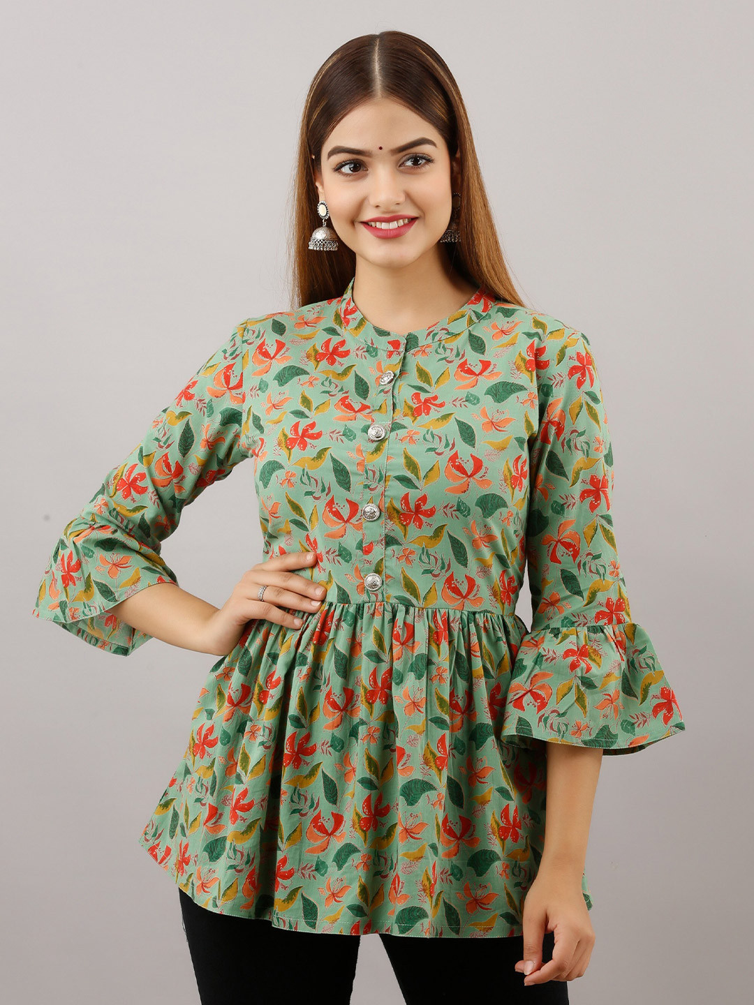 

Women Touch Green Floral Print Mandarin Collar Top