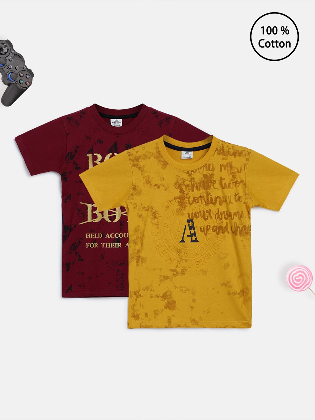 

HOMEGROWN Boys Yellow Typography 2 Printed Applique Outdoor T-shirt