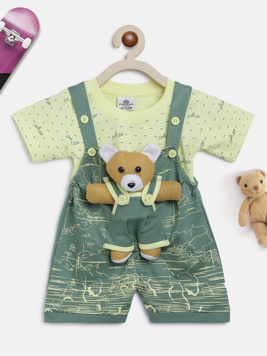 

HOMEGROWN Boys Olive Printed Dungarees