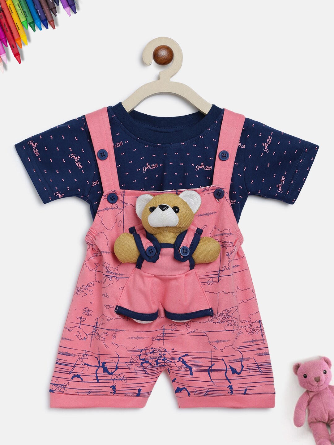 

HOMEGROWN Boys Pink & Blue Printed Pure Cotton Dungarees With T-Shirt