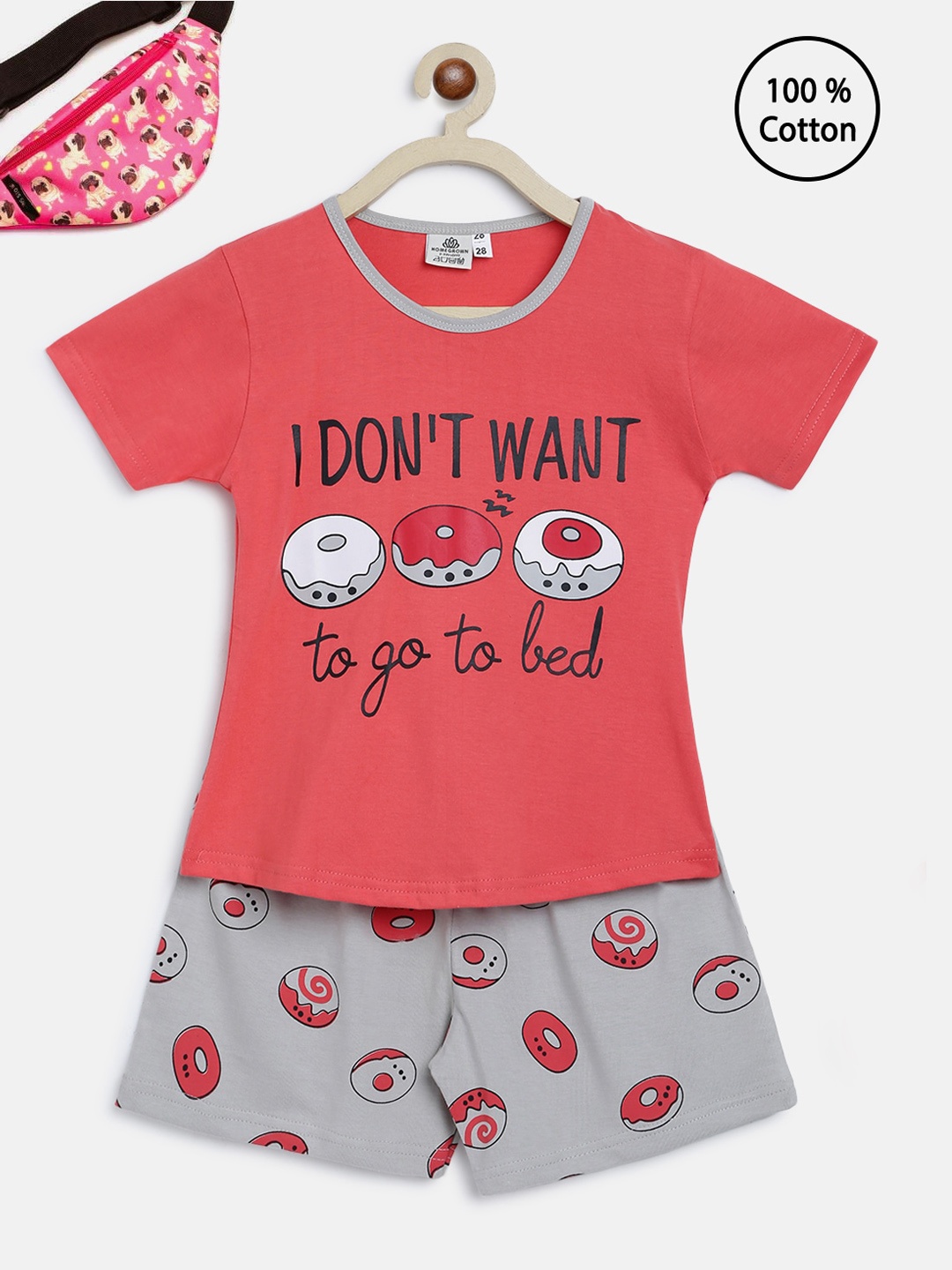 

HOMEGROWN Girls Pink & Grey Printed Pure Cotton Night suit