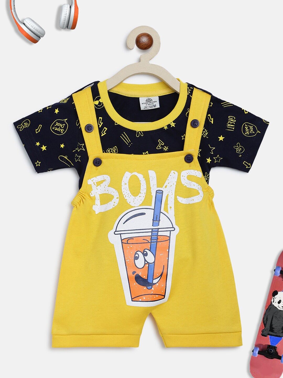 

HOMEGROWN Infant Boys Black & Yellow Printed Cotton Dungarees