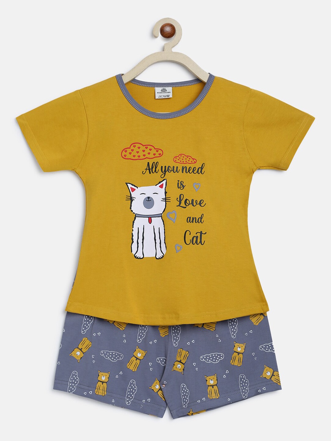 

HOMEGROWN Girls Yellow & Grey Printed Pure Cotton Night suit