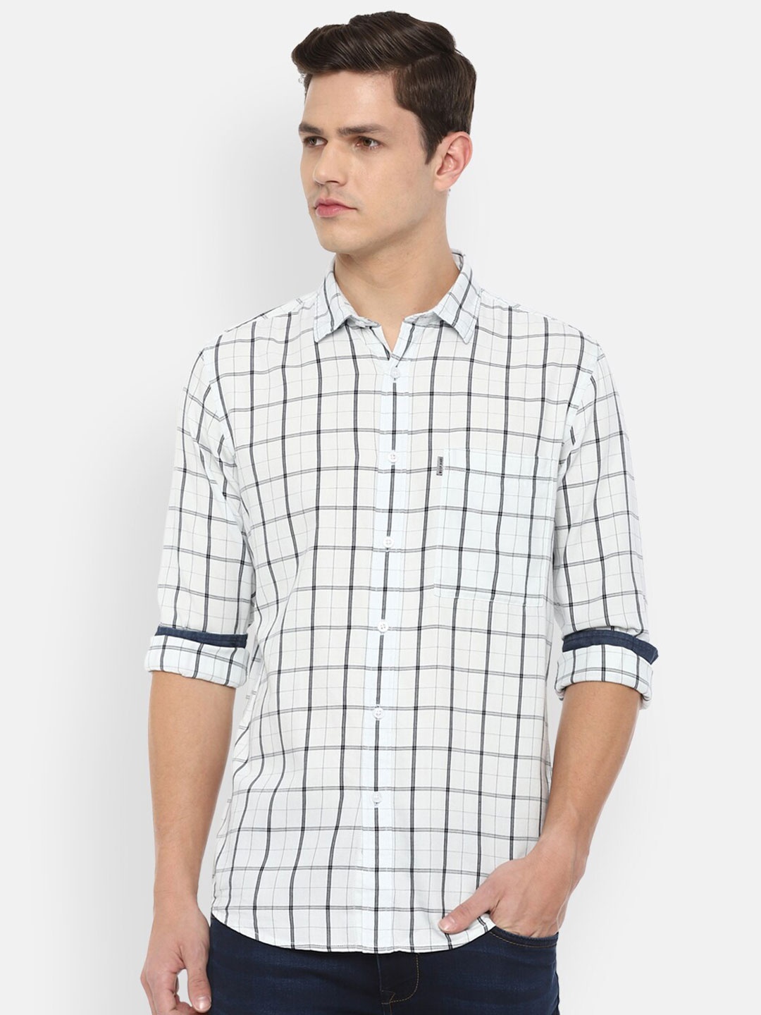 

Louis Philippe Jeans Men White Slim Fit Windowpane Checks Checked Casual Shirt