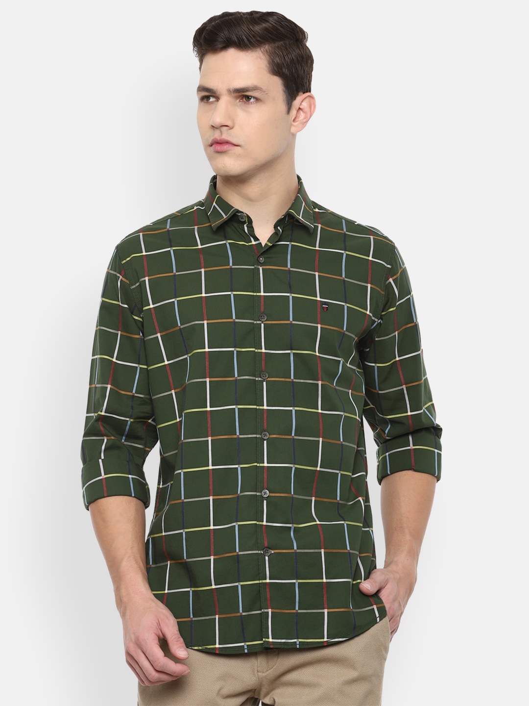 

Louis Philippe Sport Men Olive Green Slim Fit Windowpane Checked Cotton Casual Shirt