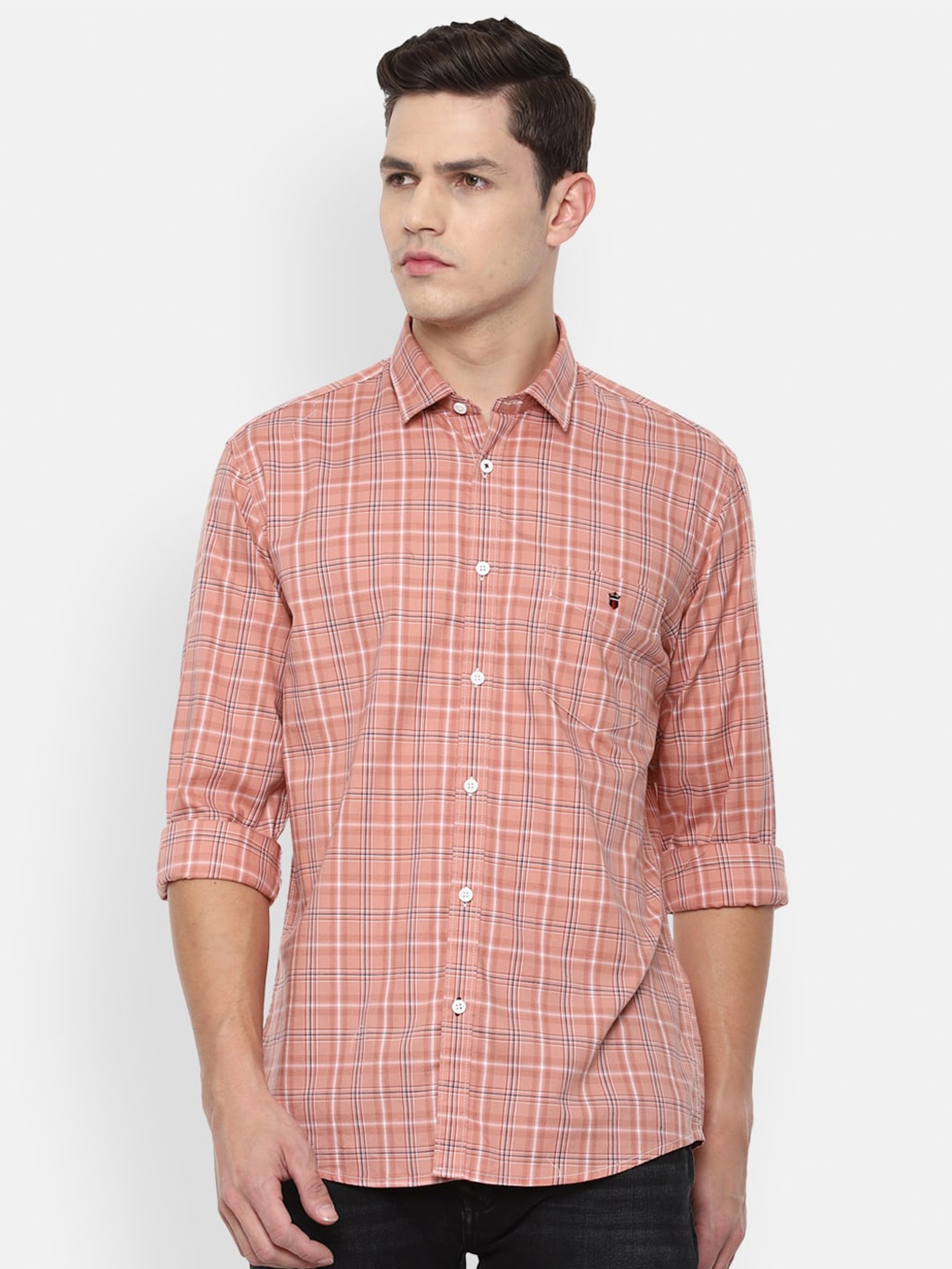

Louis Philippe Sport Men Peach-Coloured Slim Fit Checked Pure Cotton Casual Shirt