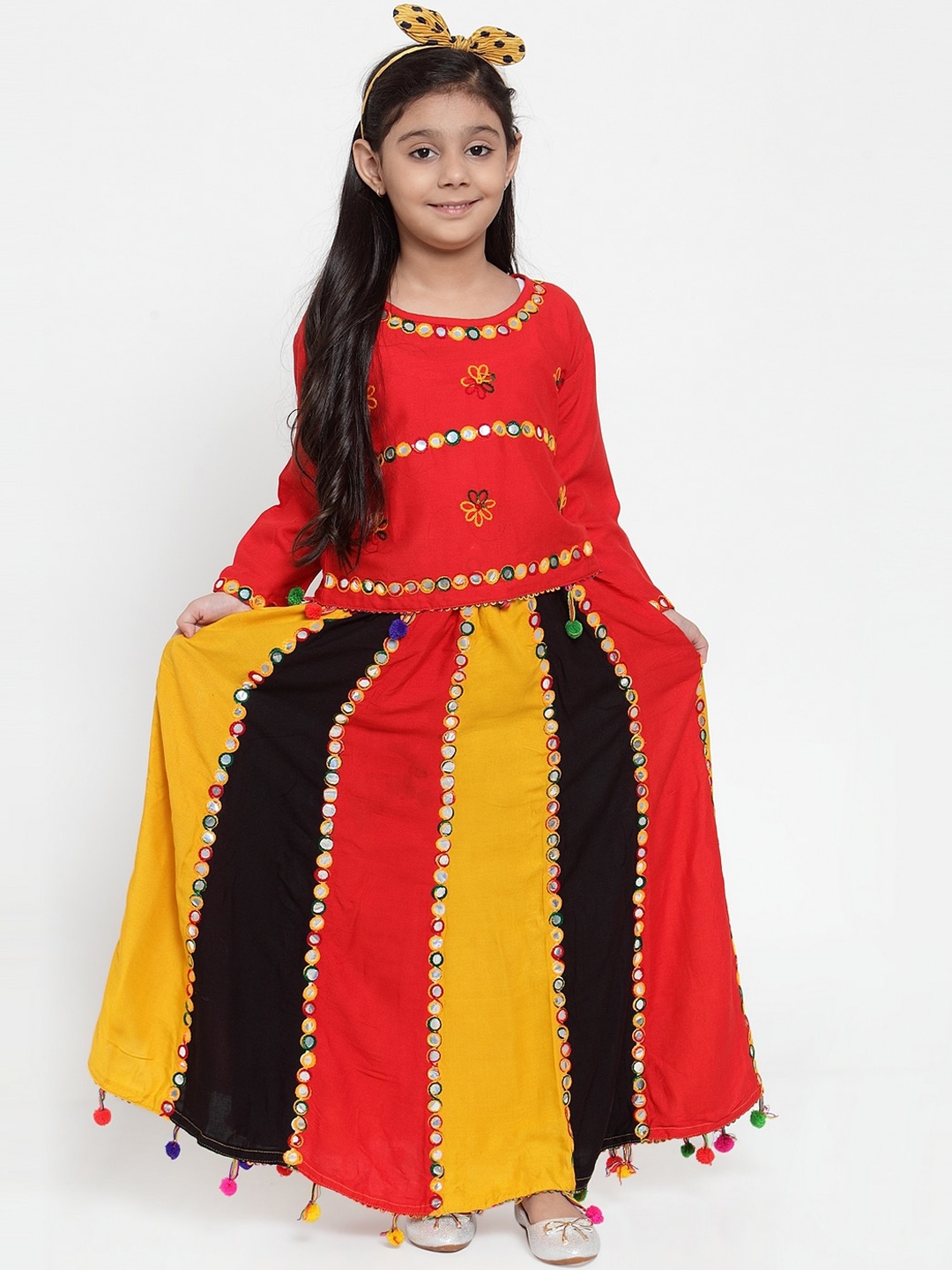 

KYDZI Girls Black & Red Embroidered Kurti with Skirt
