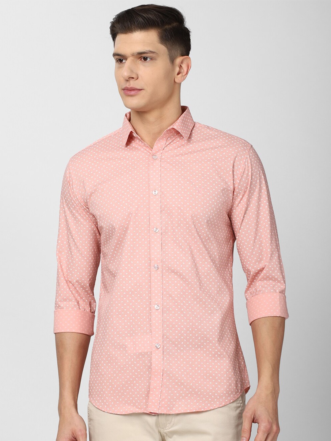 

V Dot Men Peach-Coloured & White Slim Fit Micro Ditsy Printed Pure Cotton Casual Shirt