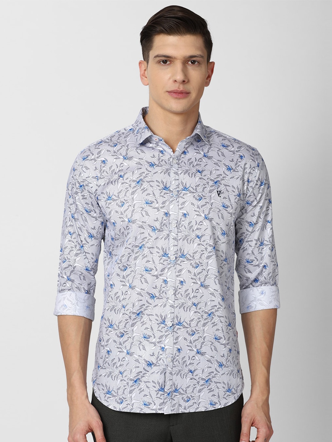 

V Dot Men Grey Slim Fit Floral Printed Cotton Casual Shirt