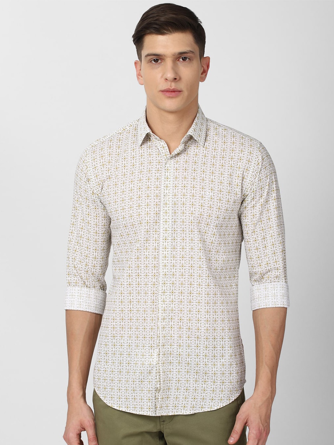 

V Dot Men Cream-Coloured Slim Fit Micro Printed Casual Shirt
