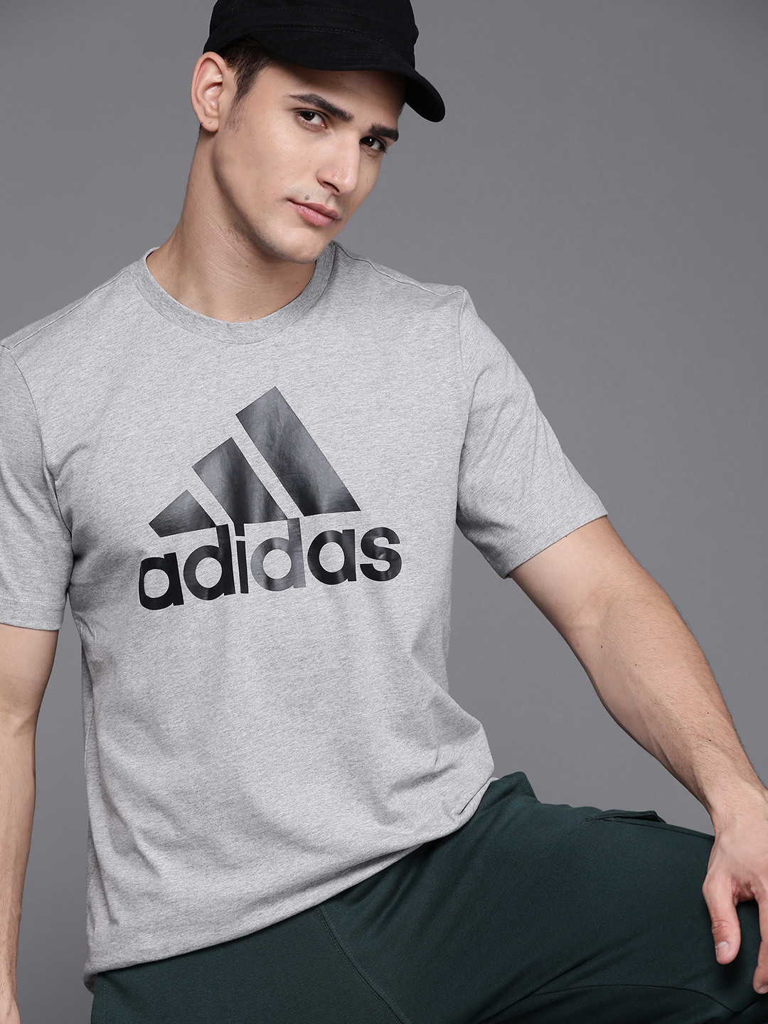 

ADIDAS Men Grey Melange Brand Logo Printed Pure Cotton Sustainable T-shirt