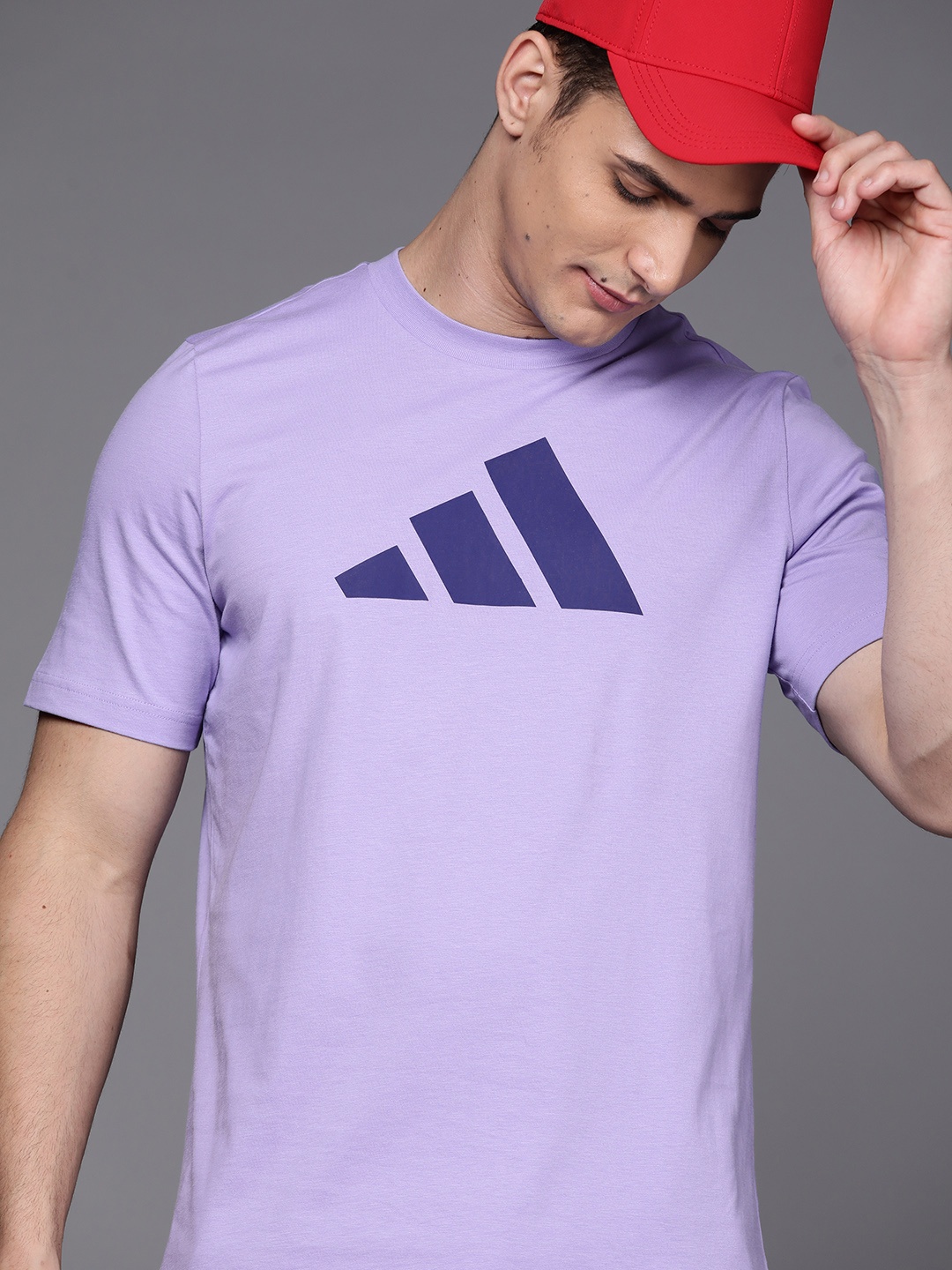 

ADIDAS Men Lavender M FI 3Bar Brand Logo Printed Pure Cotton Sustainable T-shirt