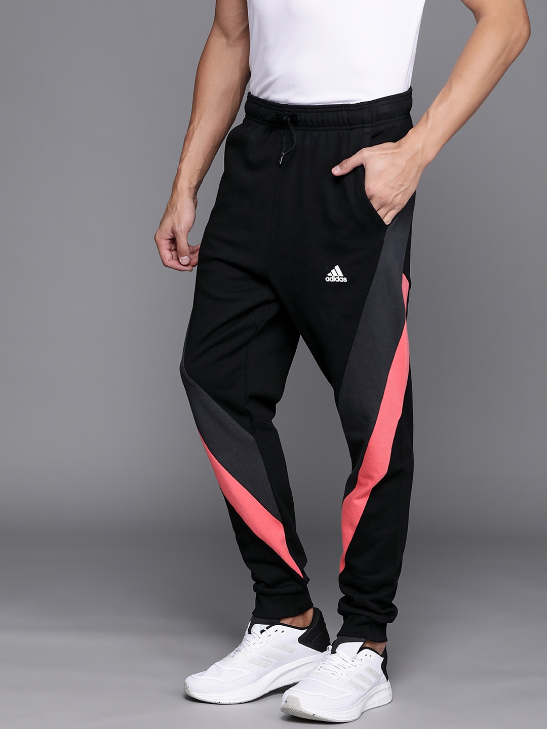 

ADIDAS Men Black & Coral Pink External Pure Cotton Colorblocked Joggers