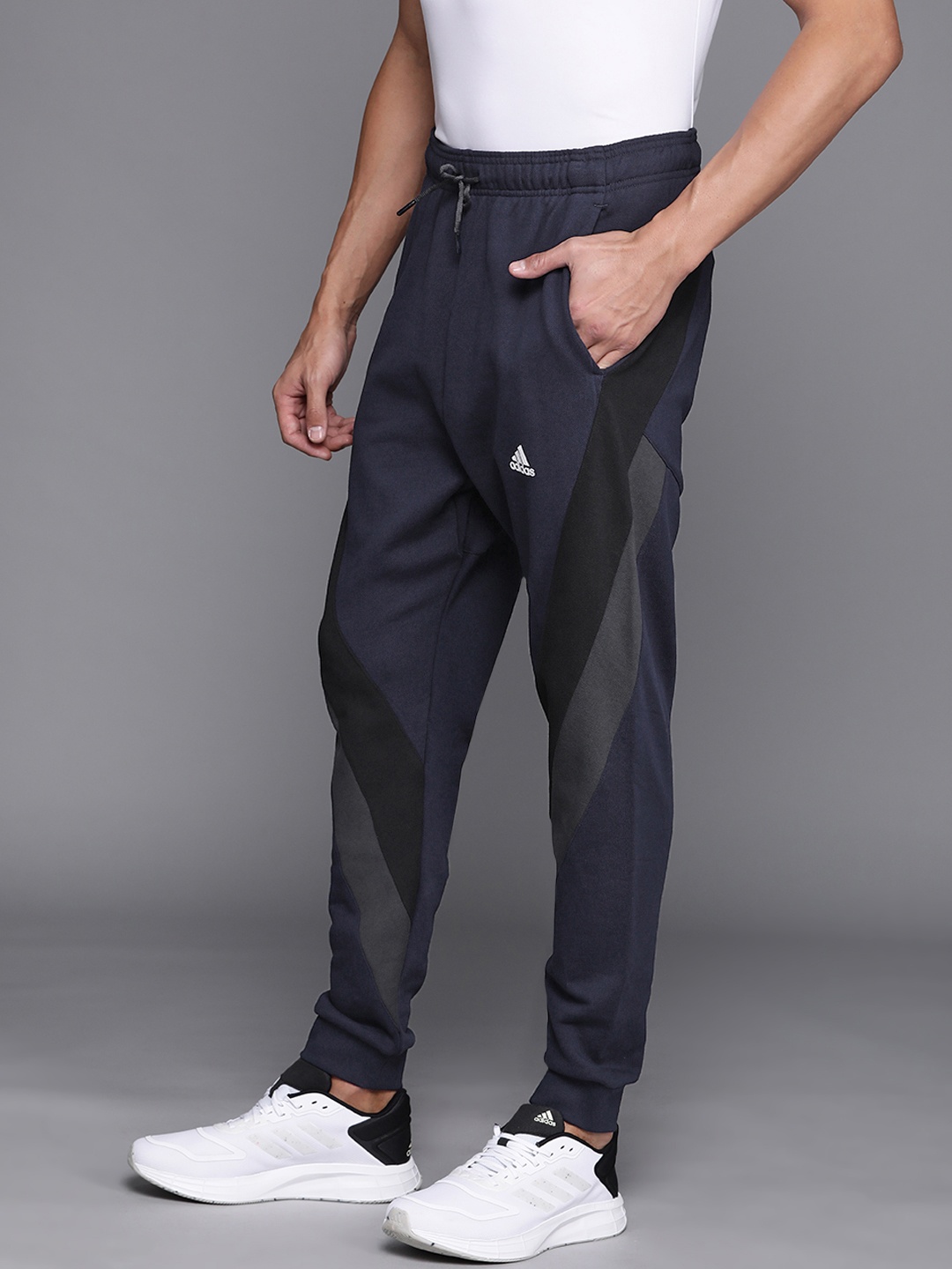 

ADIDAS Men Navy Blue & Black Colorblocked External Pure Cotton Joggers