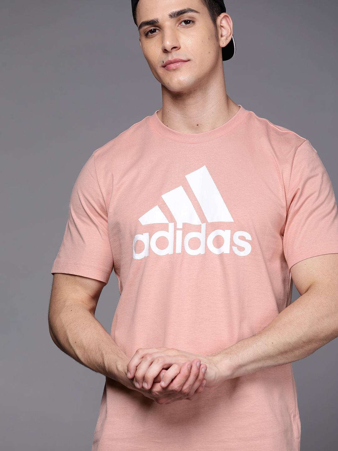 

ADIDAS Men Dusty Pink Brand Logo Printed Pure Cotton Sustainable T-shirt, Rose