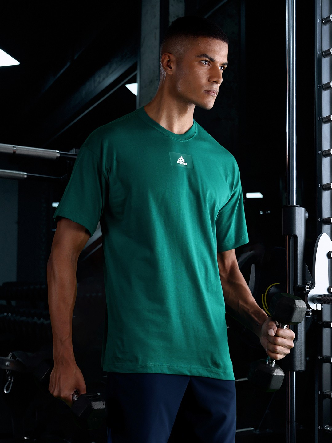 

ADIDAS Men Teal Green Pure Cotton Solid Drop-Shoulder Sleeves Loose T-shirt