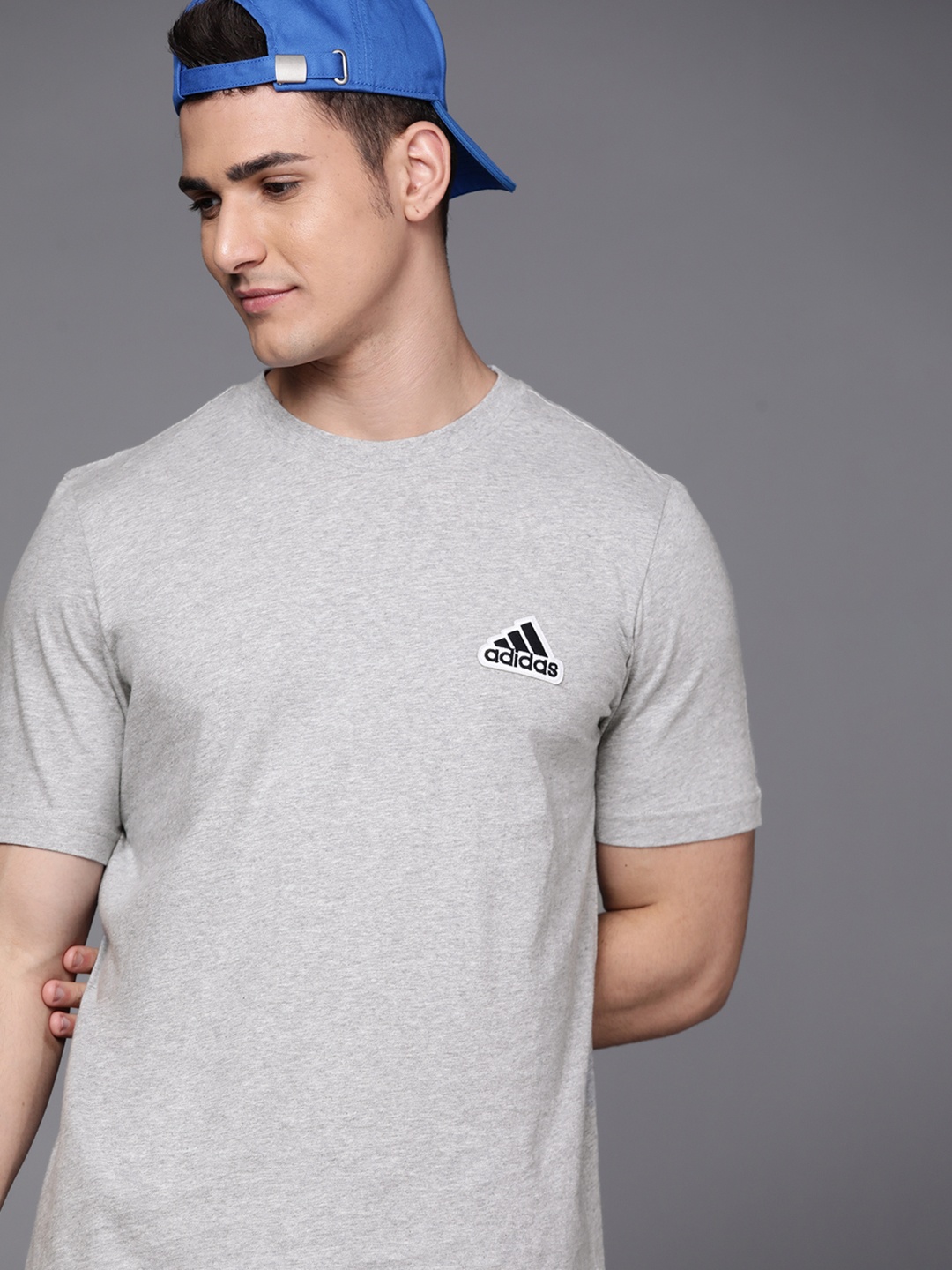 

ADIDAS Men Grey Melange Brand Logo Applique Pure Cotton Sustainable T-shirt