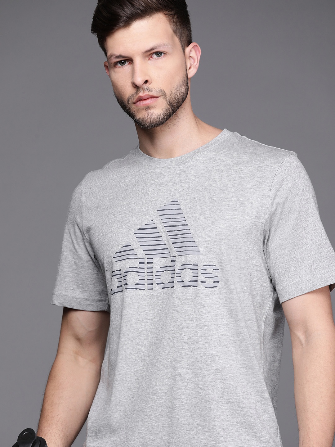 

ADIDAS Men Grey Melange Brand Logo Printed Essentials Summer Pack Single-Dye Sustainable T-shirt