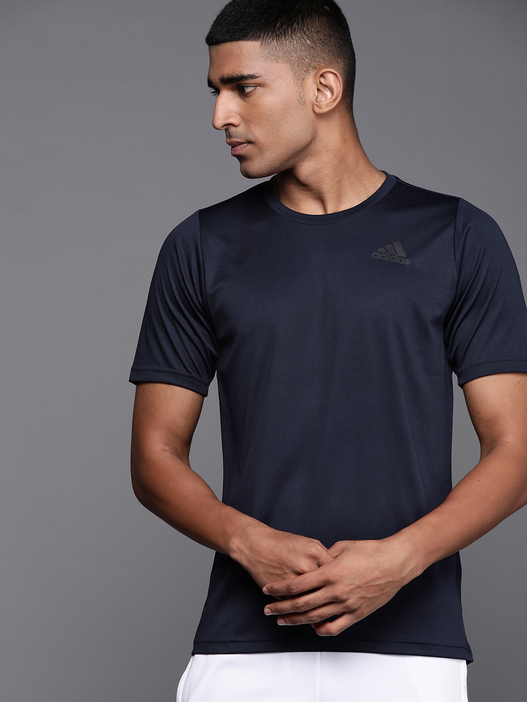 

ADIDAS Men Navy Blue Brand Logo Slim Fit Running Aeroready T-shirt