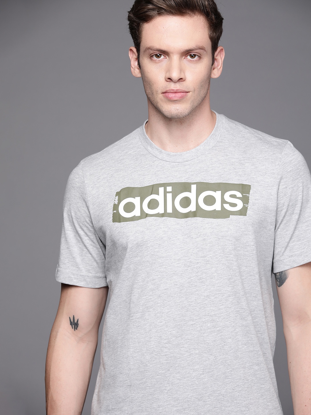 

ADIDAS Men Grey Melange E LIN BRUSH Brand Logo Printed Aeroready T-shirt