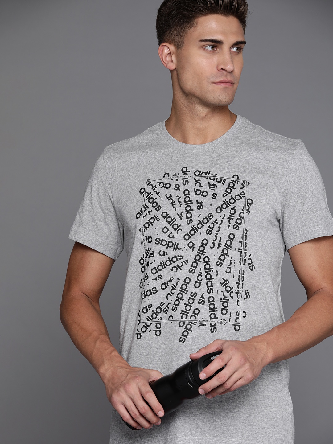 

ADIDAS Men Grey Melange & Black Brand Logo Printed Pure Cotton T-shirt