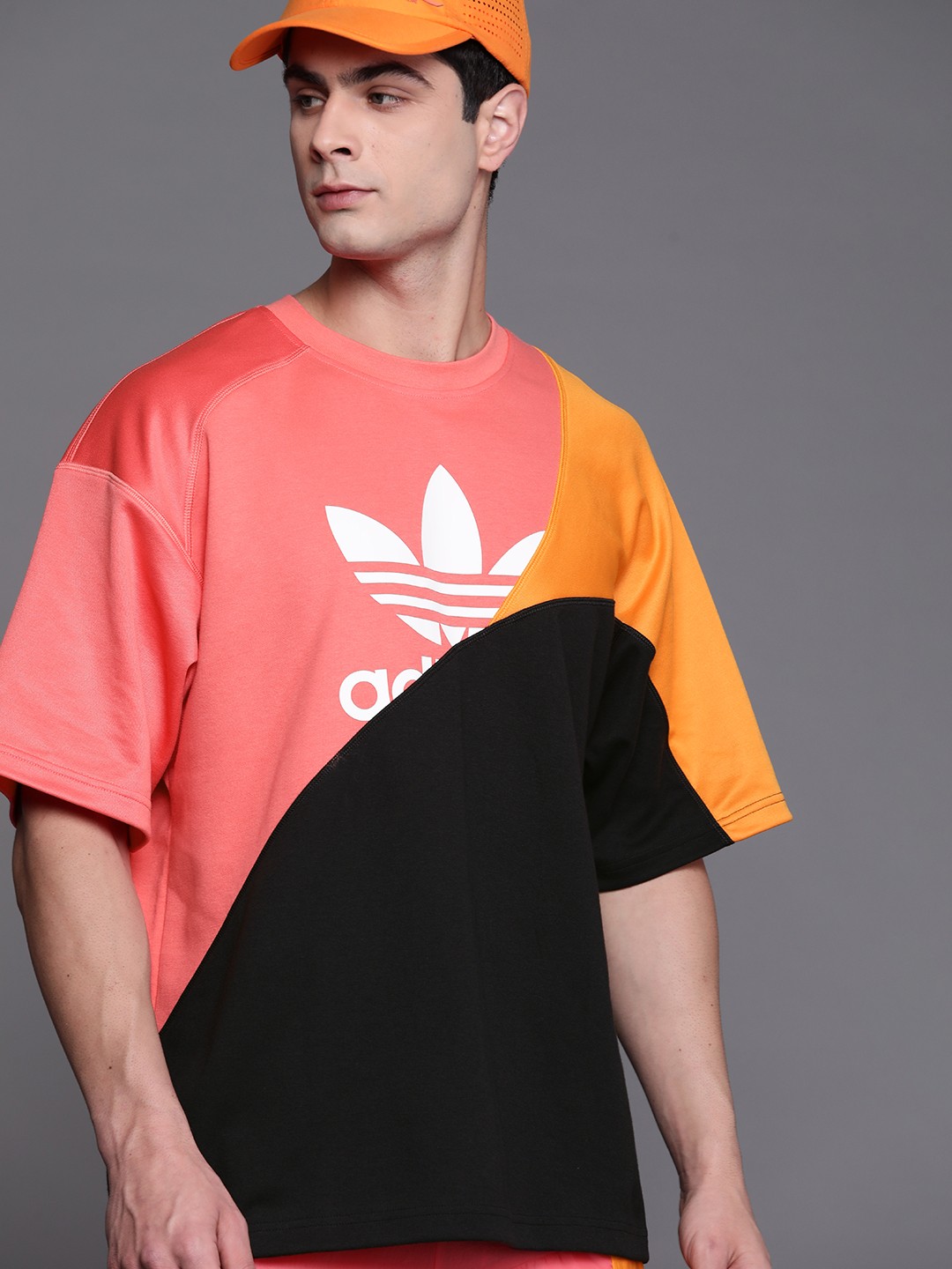 

ADIDAS Originals Men Black & Coral Pink Bold Colourblock Brand Logo Sustainable T-shirt