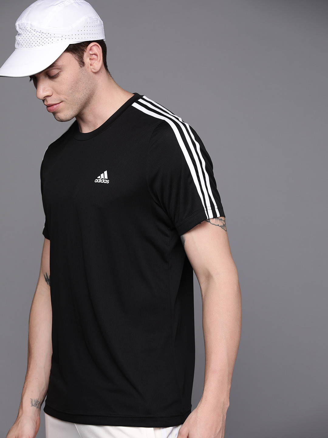 

ADIDAS Men Black D2M 3S Striped T-shirt