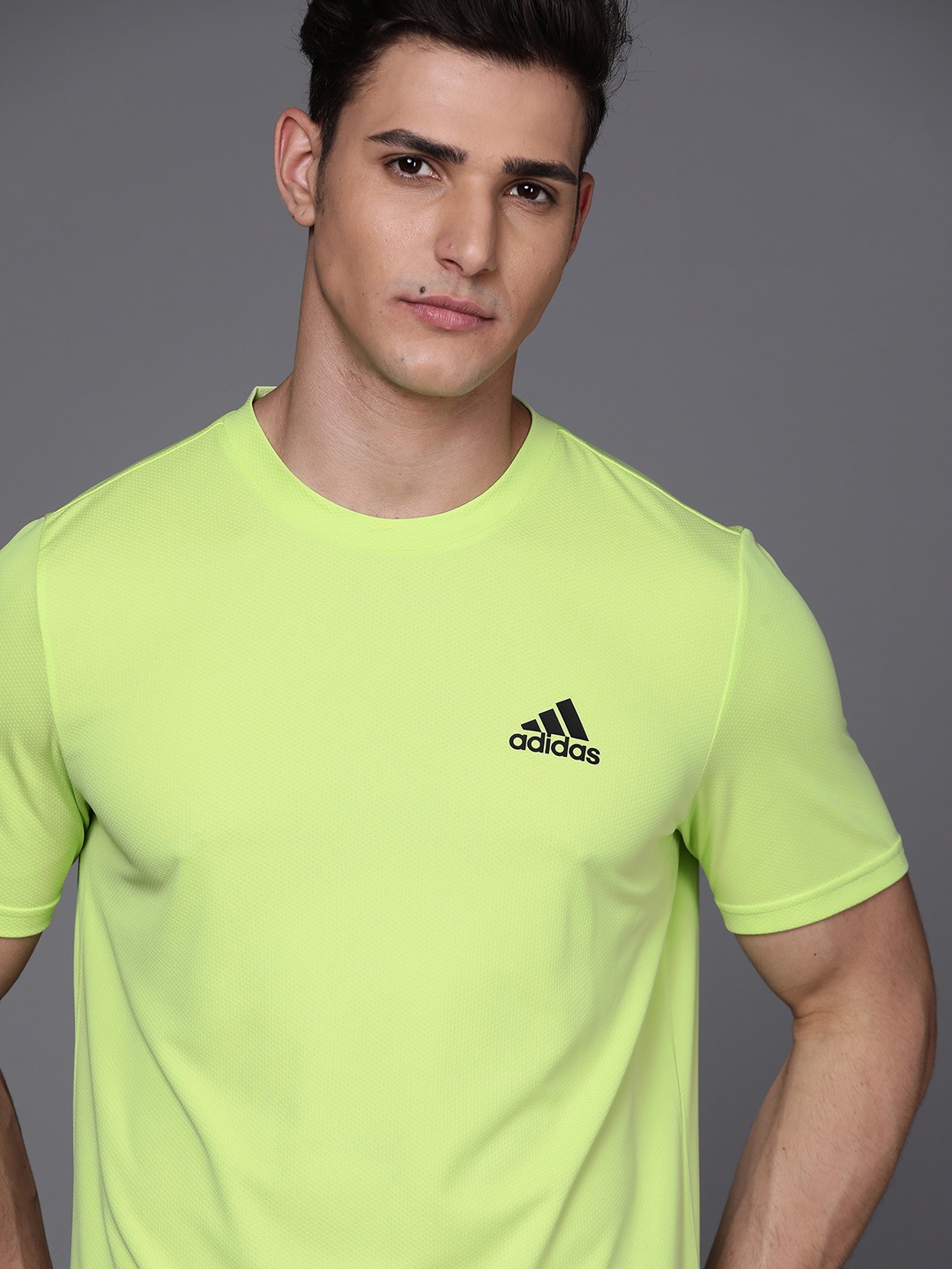 

ADIDAS Men Fluorescent Green D4M Brand Logo Printed Aeroready Sustainable T-shirt