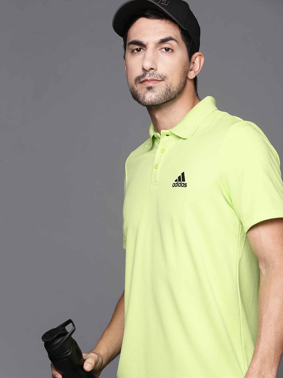 

ADIDAS Men Fluorescent Green Self Design Brand Logo Printed Polo Collar T-shirt