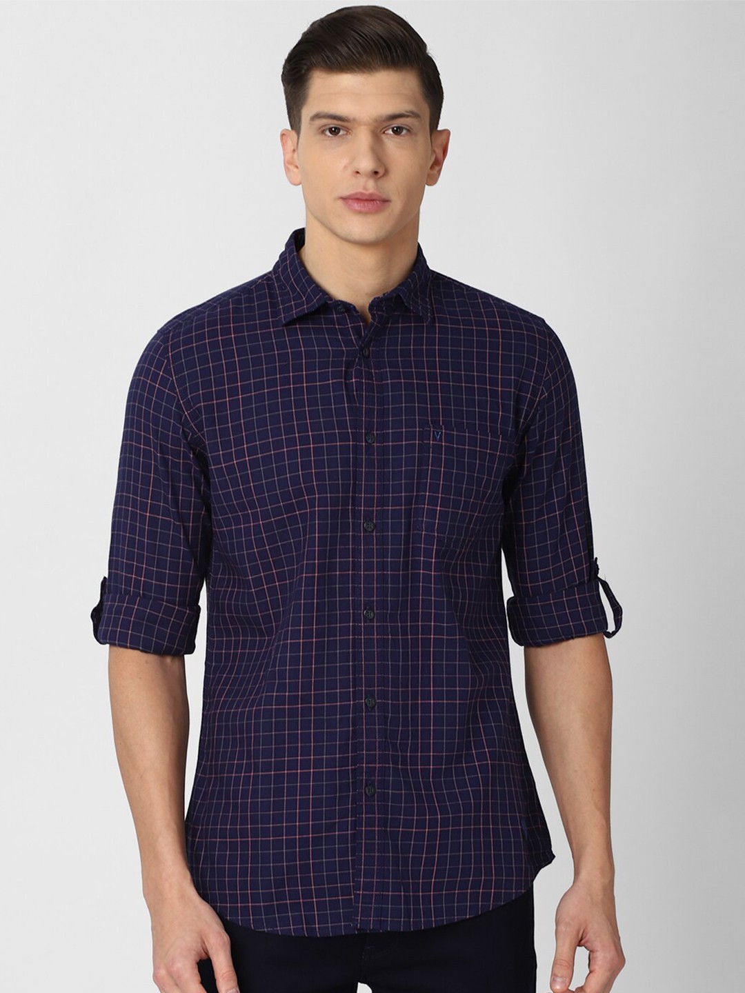 

VAN HEUSEN DENIM LABS Men Navy Blue Slim Fit Checked Pure Cotton Casual Shirt