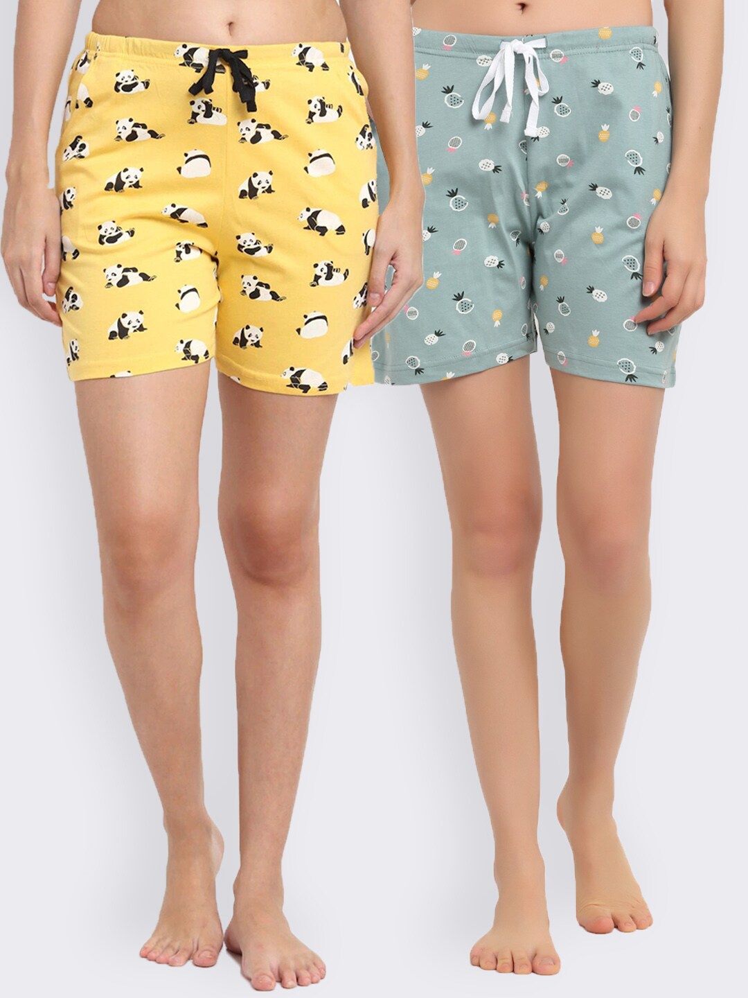 

Kanvin Women Sea Green & Yellow Set Of 2 Printed Cotton Lounge Shorts