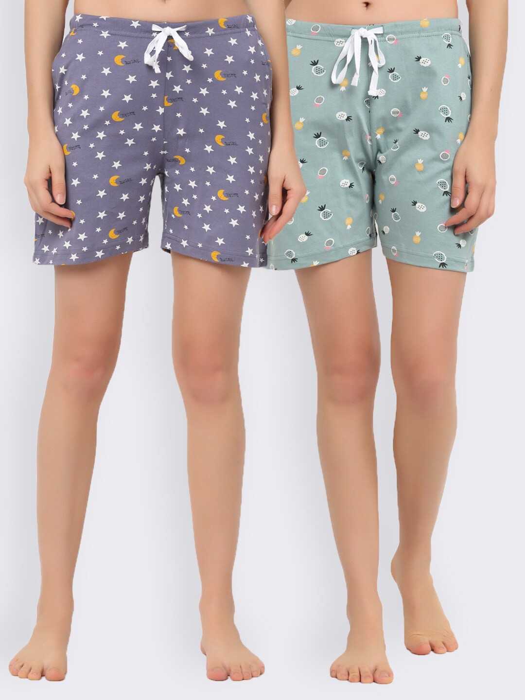 

Kanvin Women Pack Of 2 Sea Green & Purple Printed Lounge Shorts