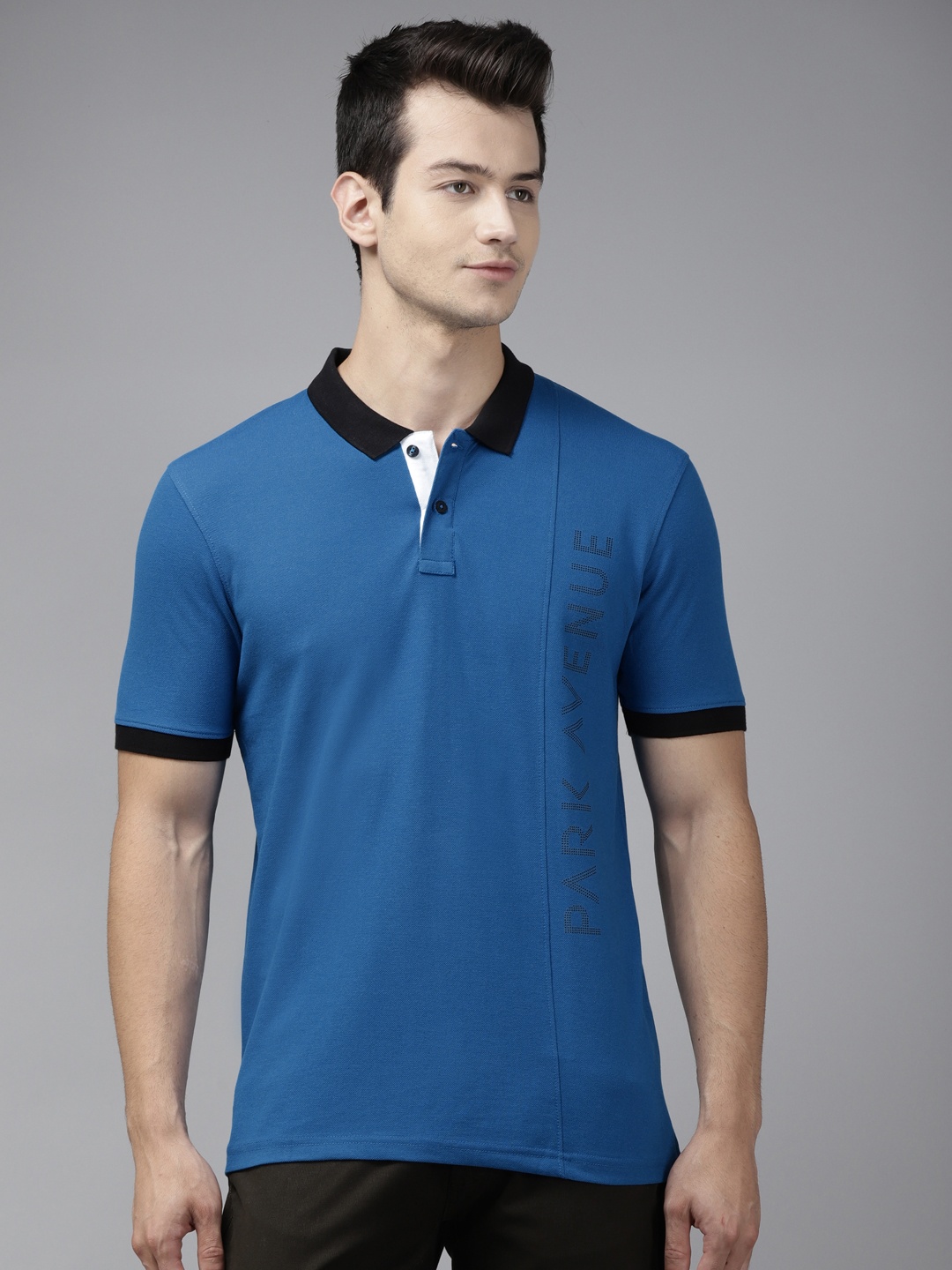 Park Avenue Men Blue & Black Brand Logo Printed Polo Collar Slim Fit T-shirt