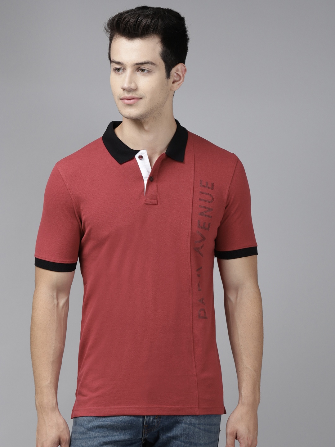 

Park Avenue Men Maroon & Black Brand Logo Printed Polo Collar Slim Fit T-shirt