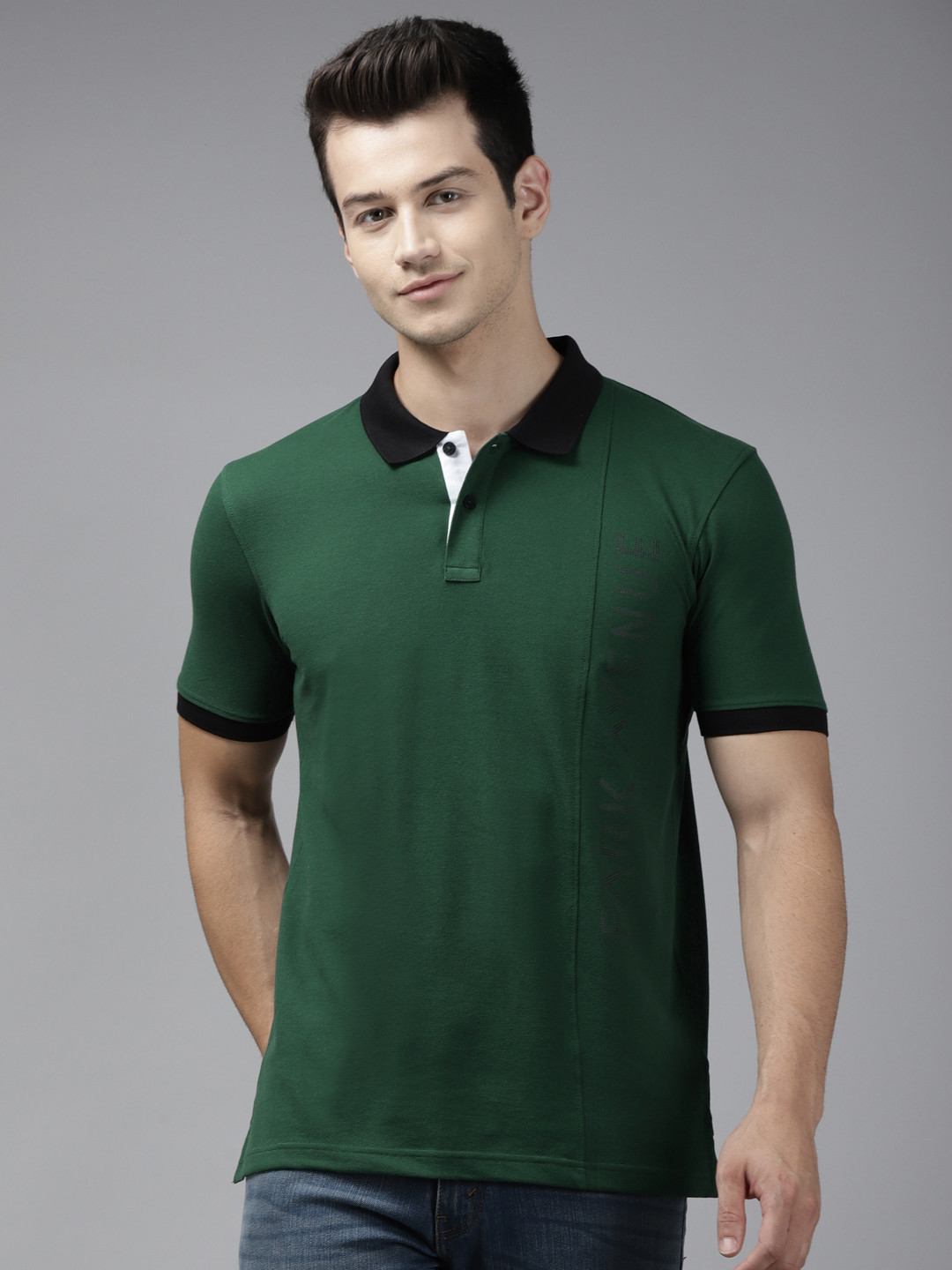 

Park Avenue Men Green & Black Brand Logo Printed Polo Collar Slim Fit T-shirt