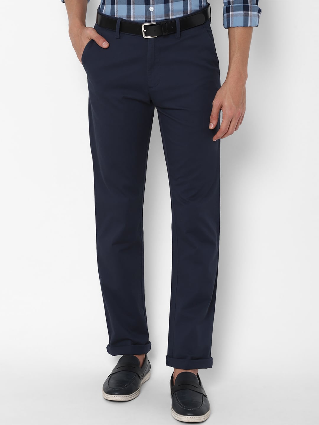 

Allen Solly Men Navy Blue Solid Regular-Fit Trousers