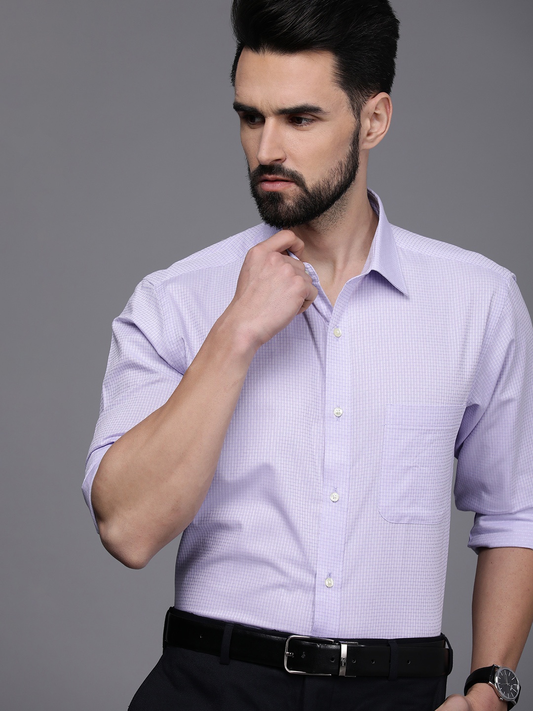

Raymond Men Violet Slim Fit Checked Pure Cotton Formal Shirt