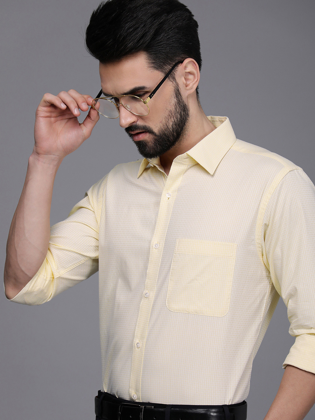 

Raymond Men Light Yellow Slim Fit Micro Checked Pure Cotton Formal Shirt