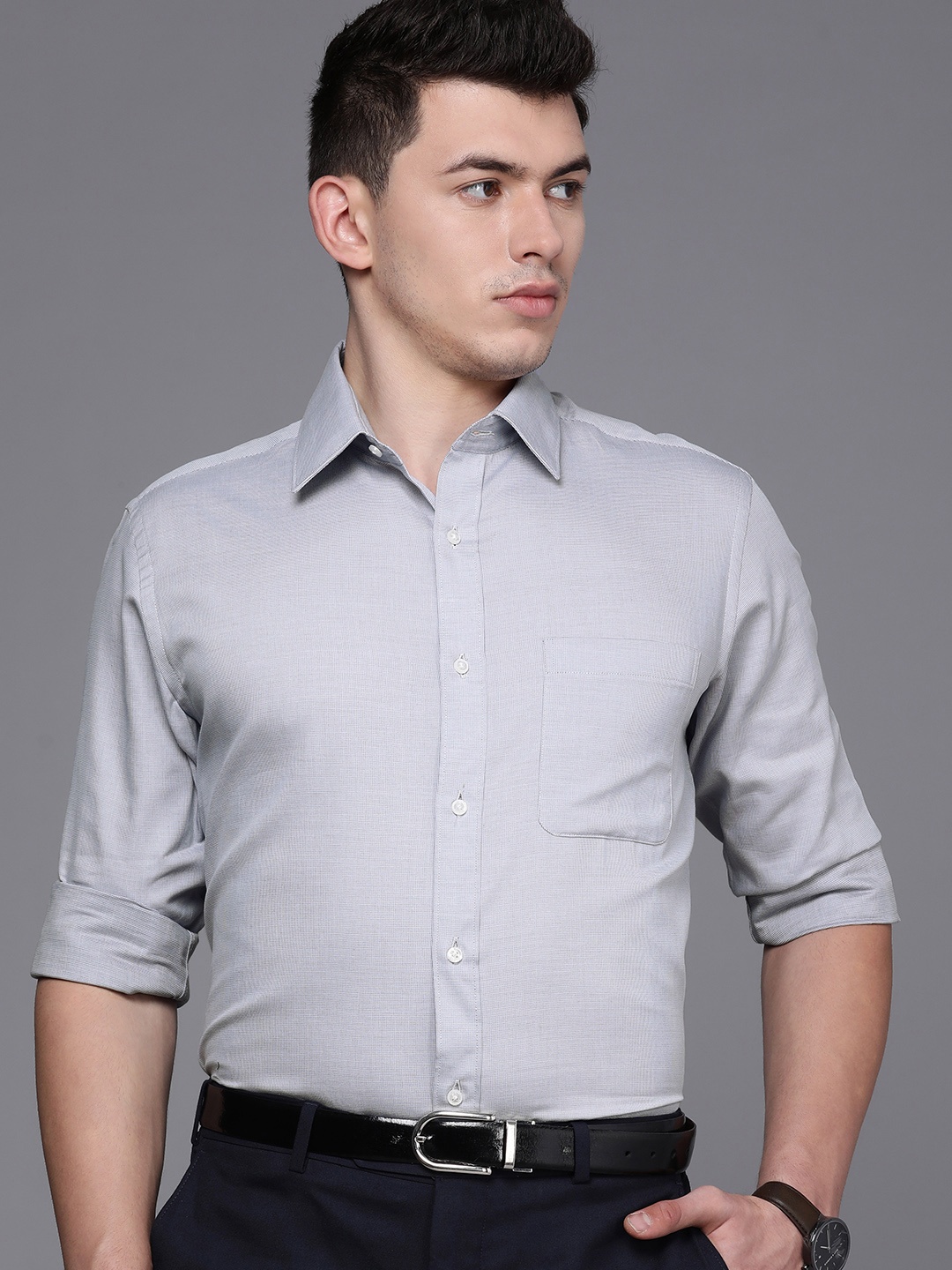 

Raymond Men Grey & Black Self Design Slim Fit Formal Shirt