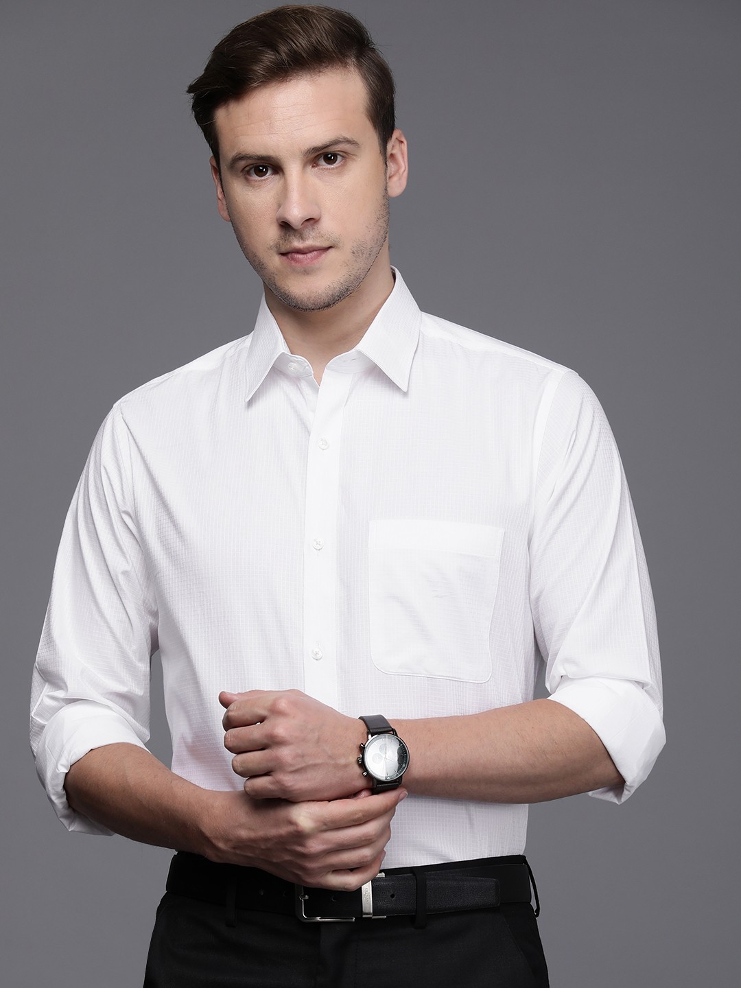 

Raymond Men White Self designed Pure Cotton Slim Fit Formal Shirt