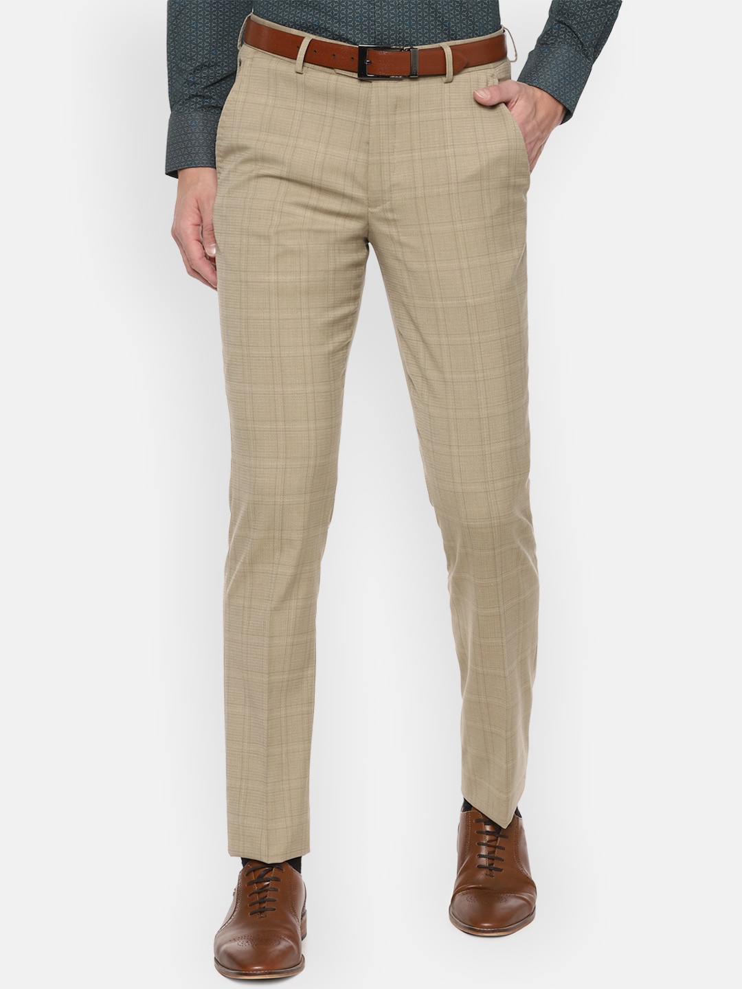 

Louis Philippe Gods & Kings Men Khaki Checked Slim Fit Formal Trousers