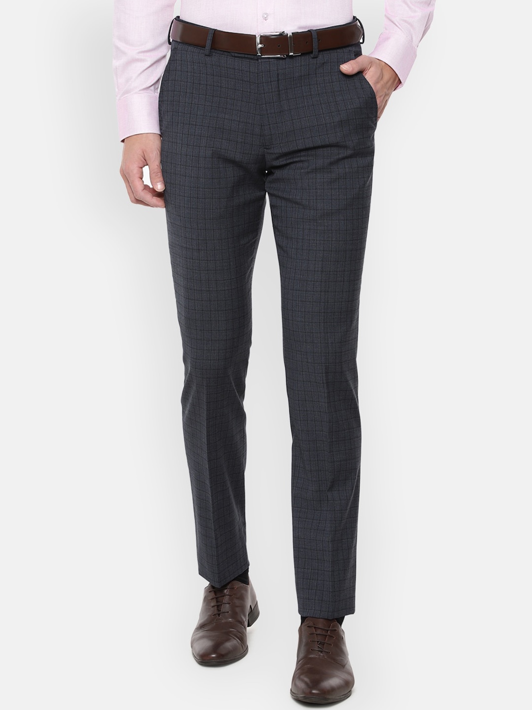 

Louis Philippe Gods & Kings Men Navy Blue Checked Slim Fit Trousers