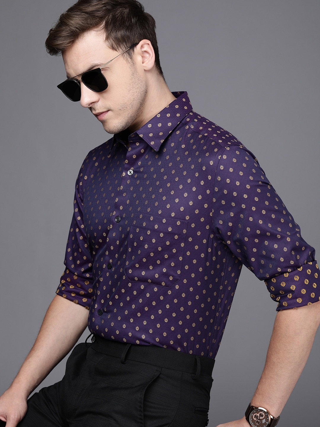 

Louis Philippe Men Blue Classic Ethnic Motifs Woven Design Pure Cotton Semiformal Shirt