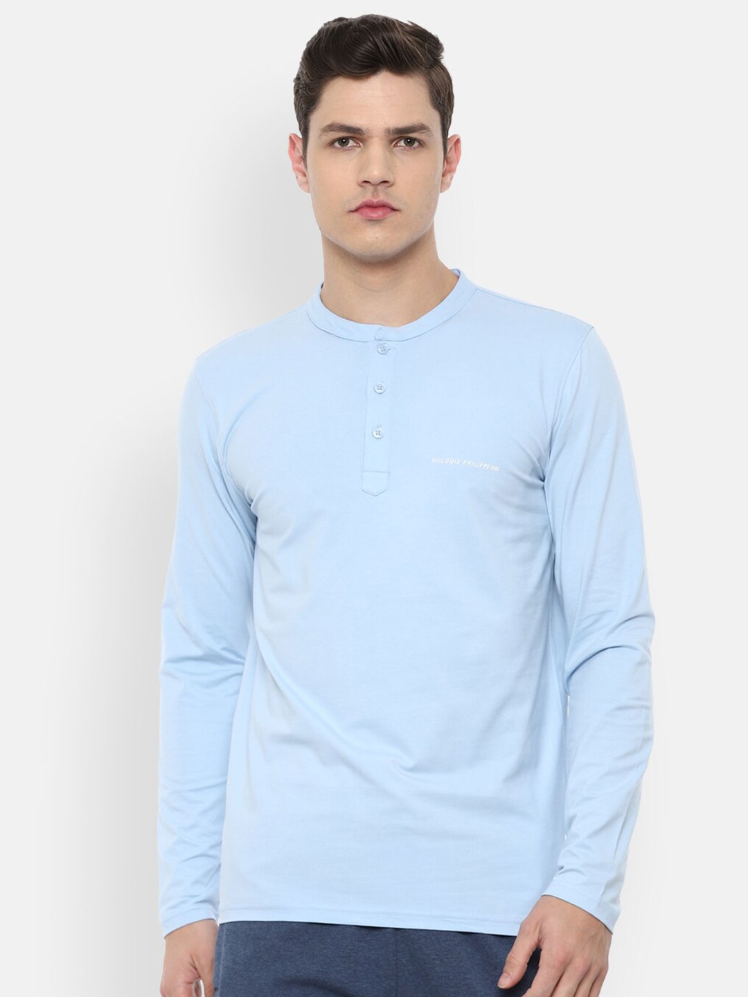 

Louis Philippe ATHPLAY Men Blue Solid Henley Neck Slim Fit Pure Cotton T-shirt