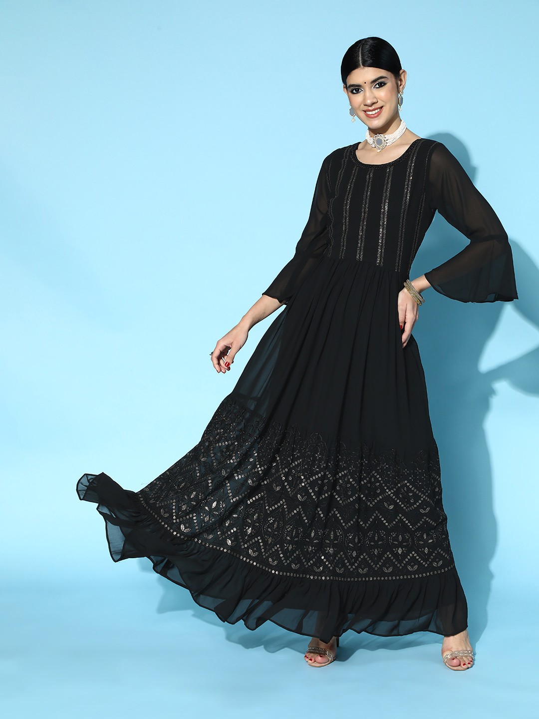 

ZOLA Black Embroidered Georgette Maxi Dress
